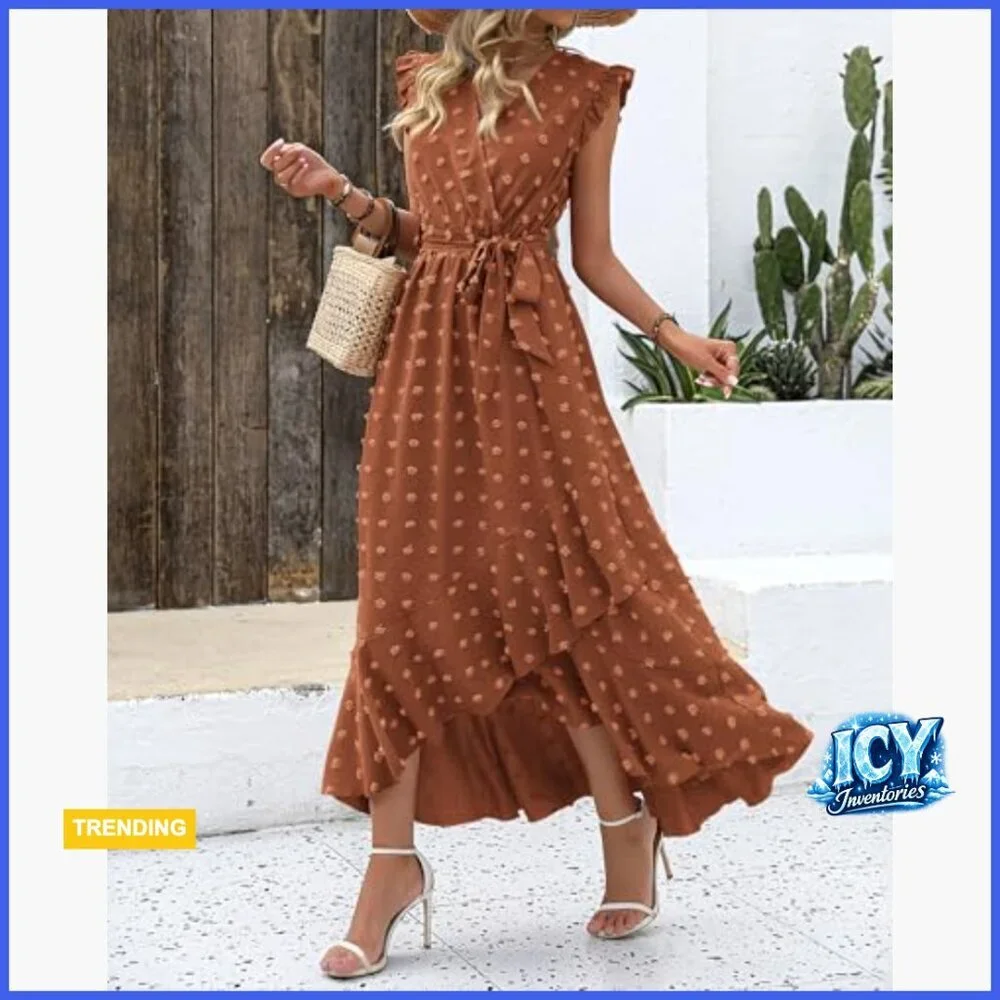 Swiss Dot Maxi Dress with Cap Sleeves and Wrap Ruffle Hem